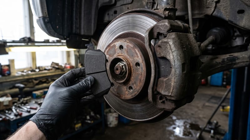 Freigelegte Bremsscheibe und Bremssattel an einem angehobenen Fahrzeug
